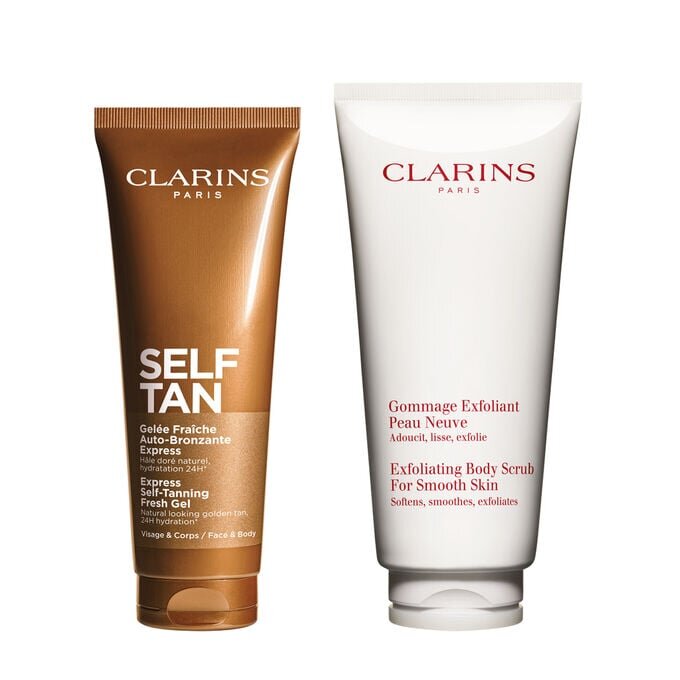 Duo Bronzage + Exfoliation – Gel autobronzant frais et gommage corporel exfoliant pour une peau lisse et hâlée