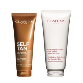 Duo Bronzage + Exfoliation – Lotion laiteuse autobronzante et gommage corporel exfoliant pour une peau lisse et hâlée