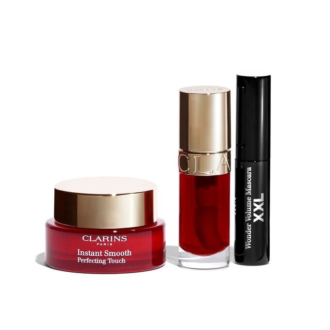 Kit de maquillage incontournable Clarins | Ensemble base de maquillage, huile pour les lèvres et mascara | Les indispensables de votre routine maquillage